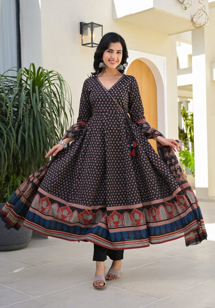 Block Print Cotton Anarkali 3-Piece Dress Set | 49" Kurti, 2.25m Dupatta