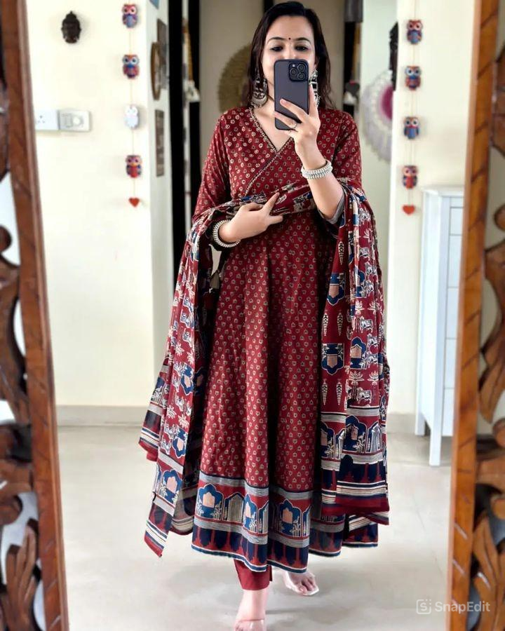Block Print Cotton Anarkali 3-Piece Dress Set | 49" Kurti, 2.25m Dupatta