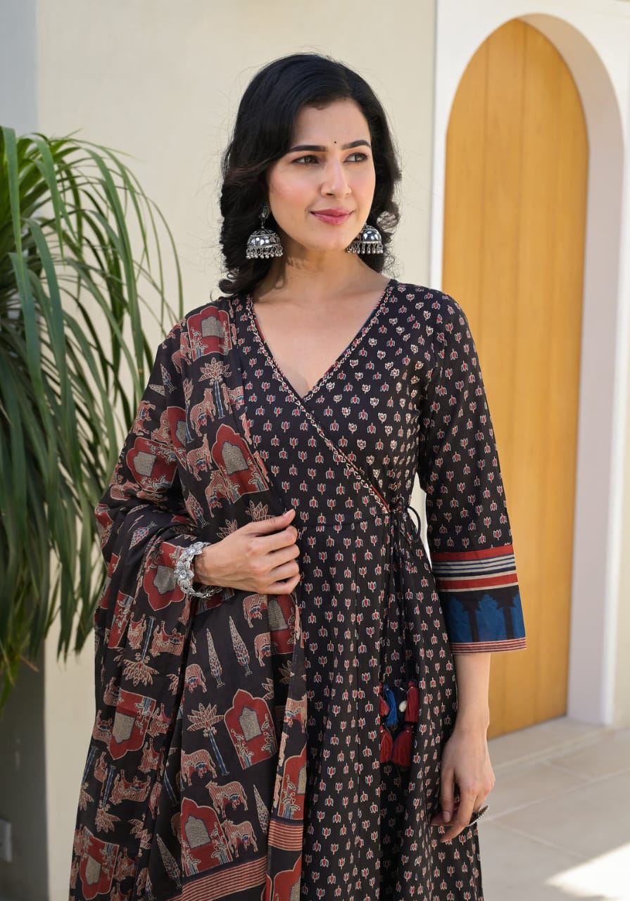 Block Print Cotton Anarkali 3-Piece Dress Set | 49" Kurti, 2.25m Dupatta