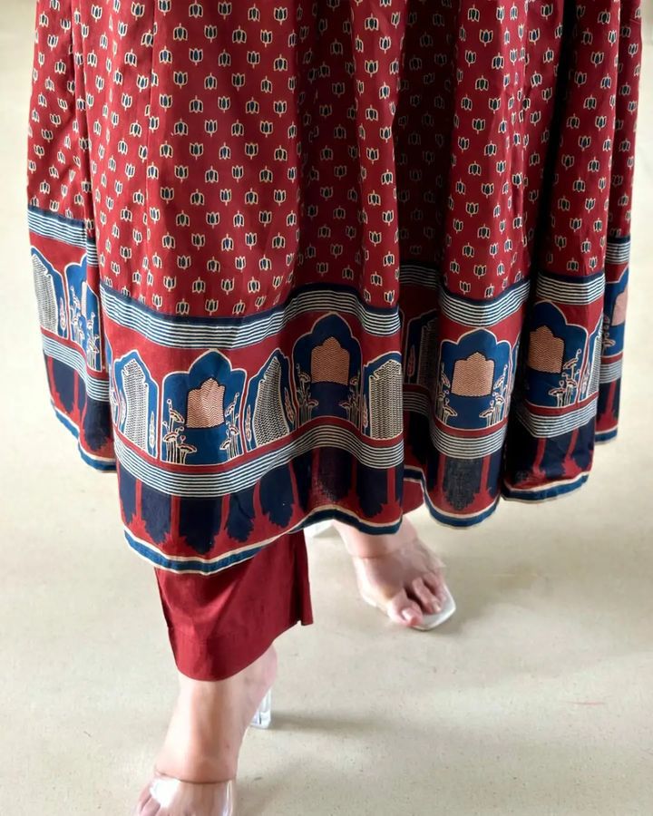 Block Print Cotton Anarkali 3-Piece Dress Set | 49" Kurti, 2.25m Dupatta