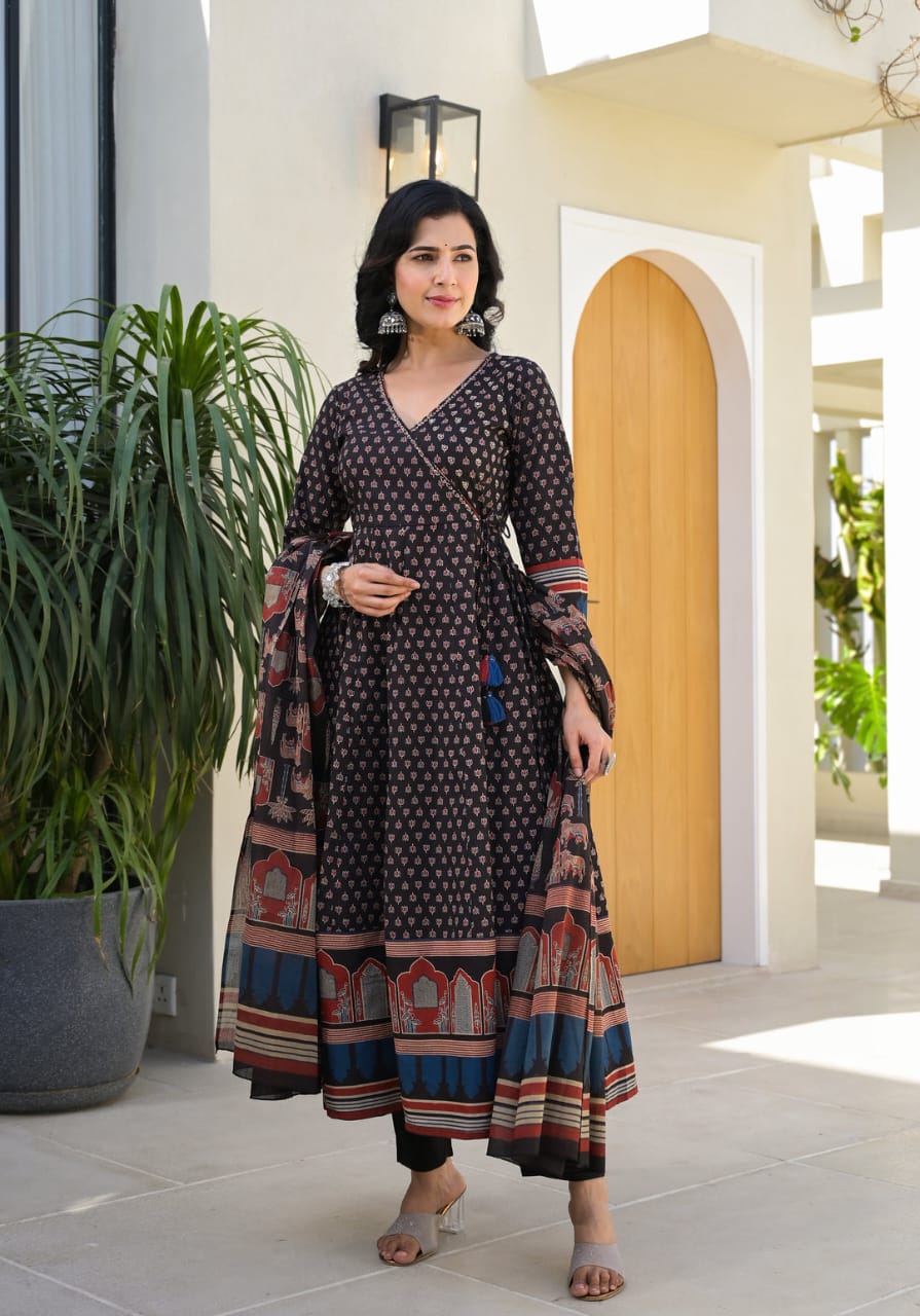 Block Print Cotton Anarkali 3-Piece Dress Set | 49" Kurti, 2.25m Dupatta