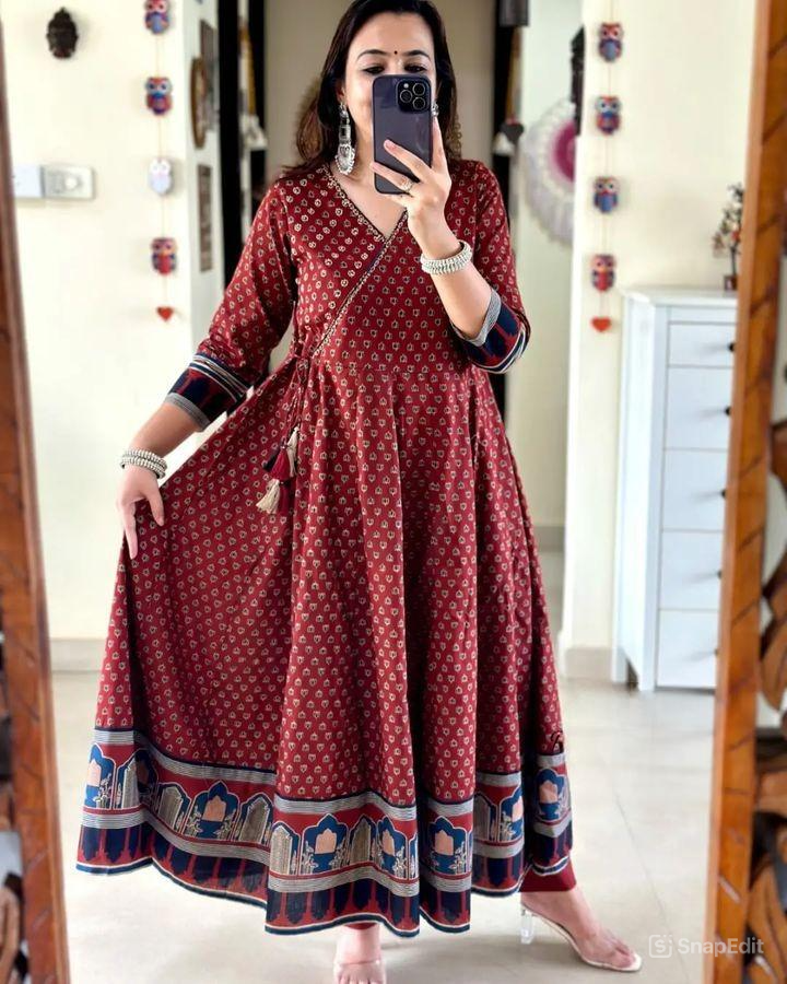 Block Print Cotton Anarkali 3-Piece Dress Set | 49" Kurti, 2.25m Dupatta