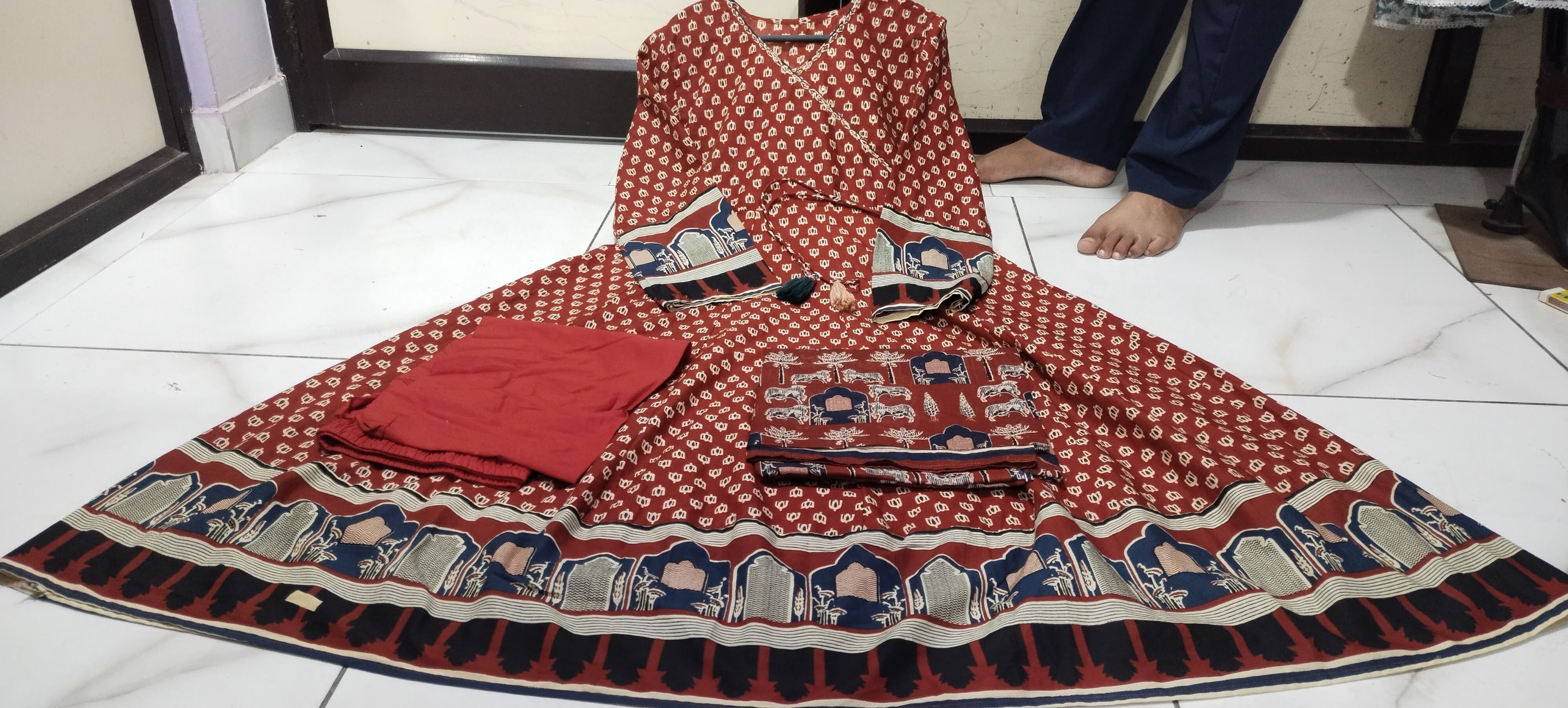 Block Print Cotton Anarkali 3-Piece Dress Set | 49" Kurti, 2.25m Dupatta