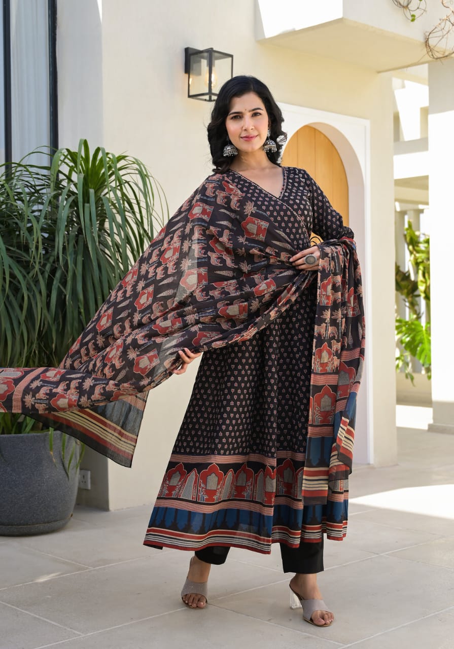 Block Print Cotton Anarkali 3-Piece Dress Set | 49" Kurti, 2.25m Dupatta