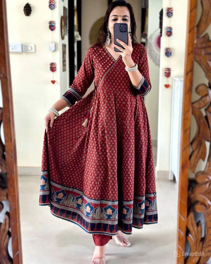 Block Print Cotton Anarkali 3-Piece Dress Set | 49" Kurti, 2.25m Dupatta