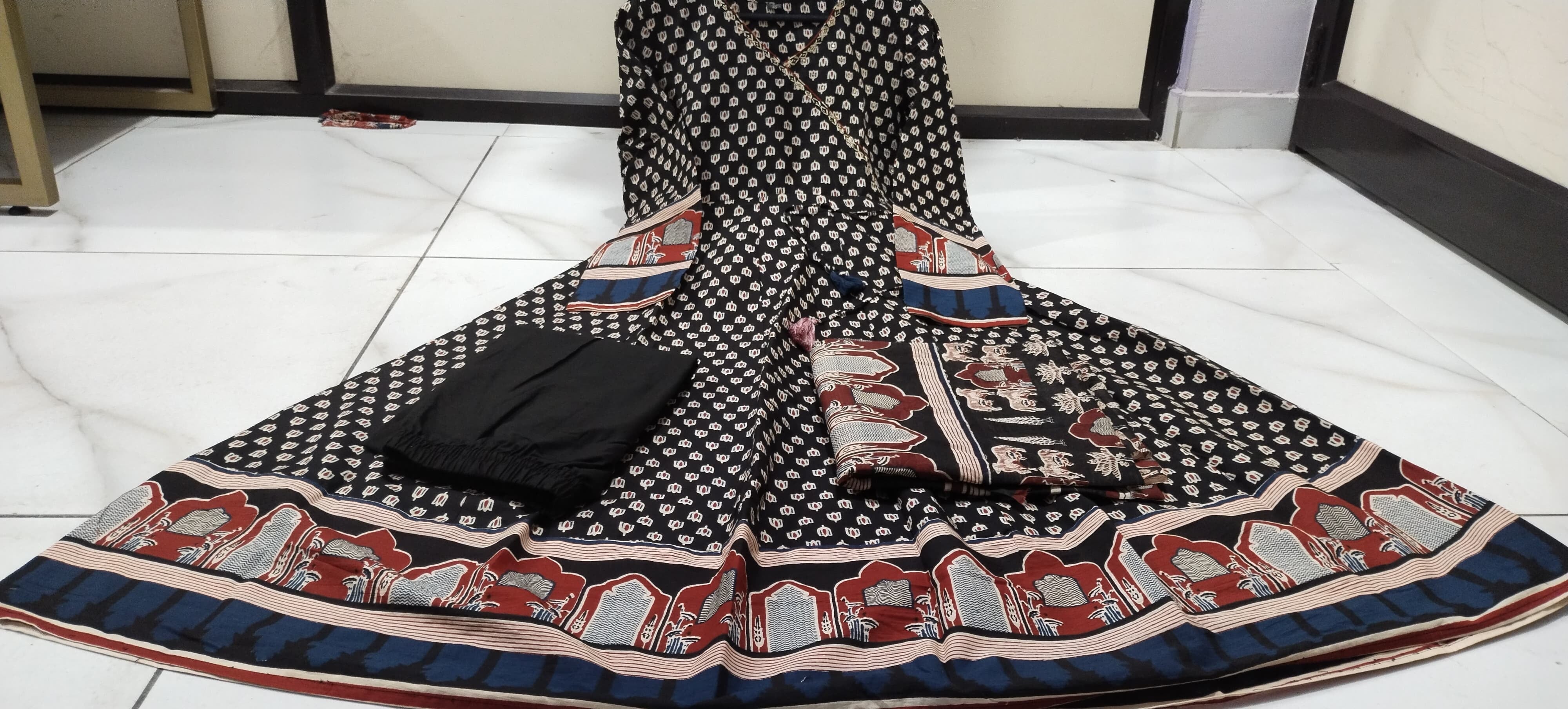 Block Print Cotton Anarkali 3-Piece Dress Set | 49" Kurti, 2.25m Dupatta