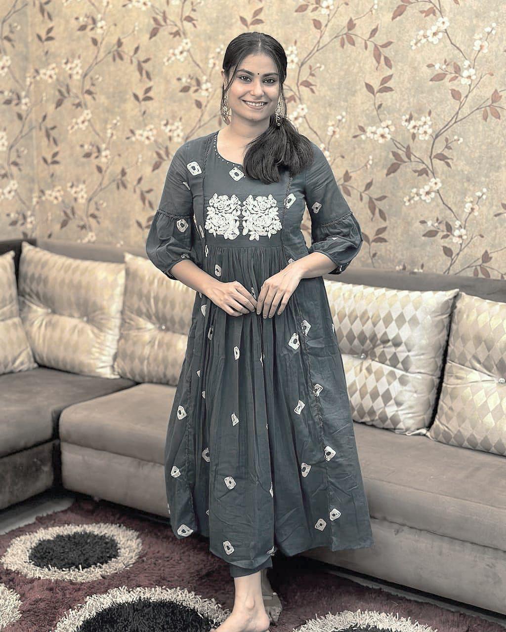 Block Printed Cotton Kurta Set with Embroidery & Pocket