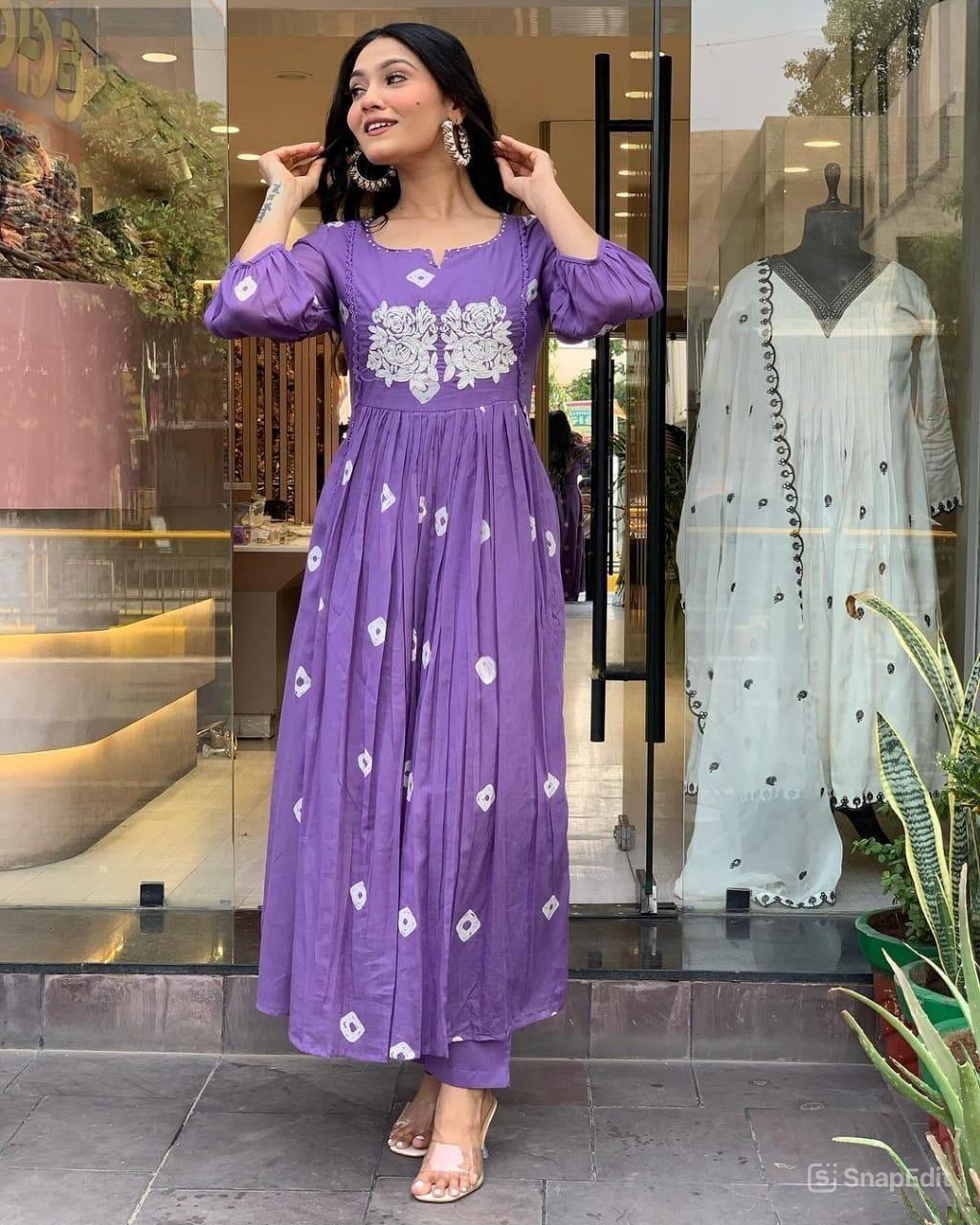 Block Printed Cotton Kurta Set with Embroidery & Pocket