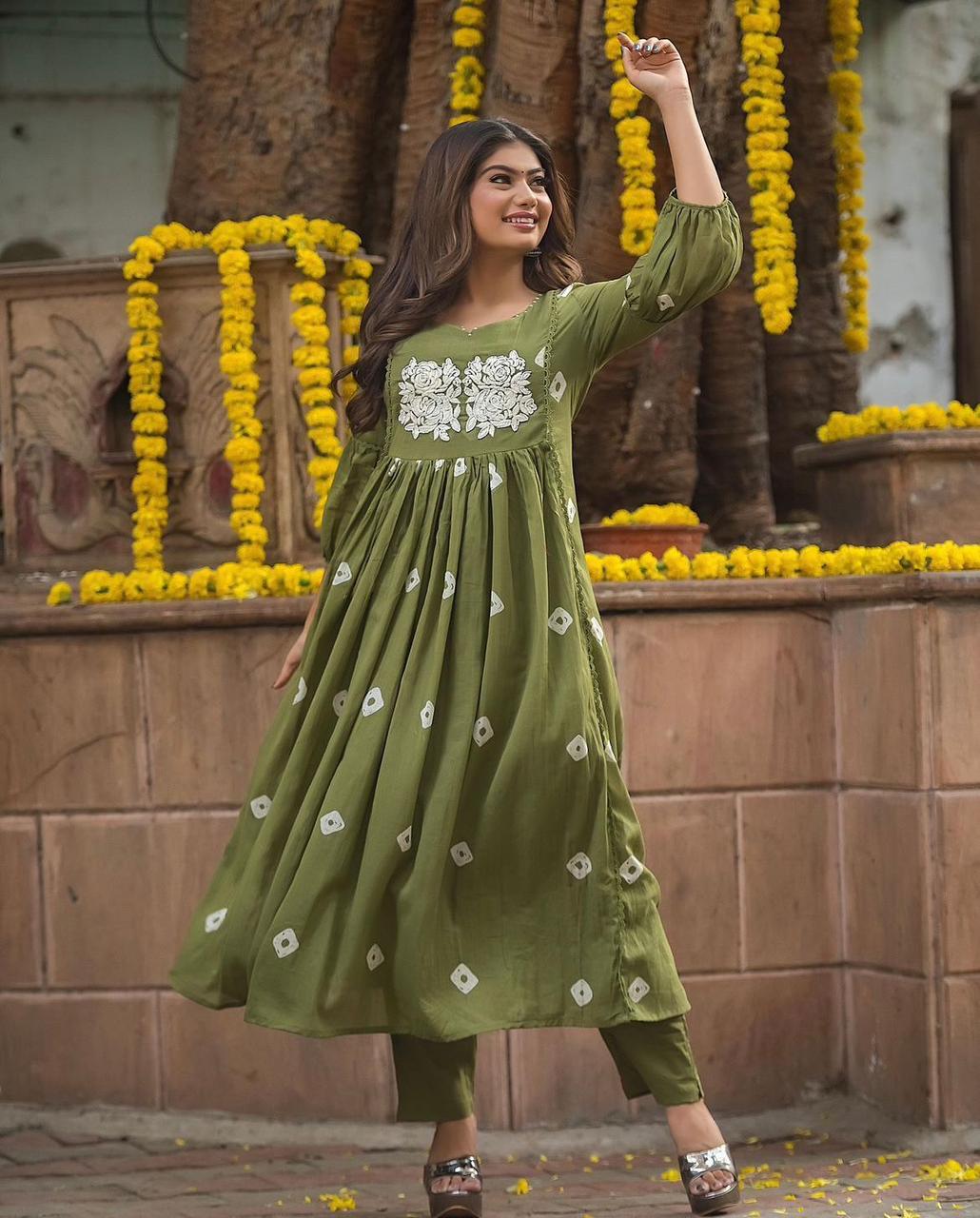 Block Printed Cotton Kurta Set with Embroidery & Pocket