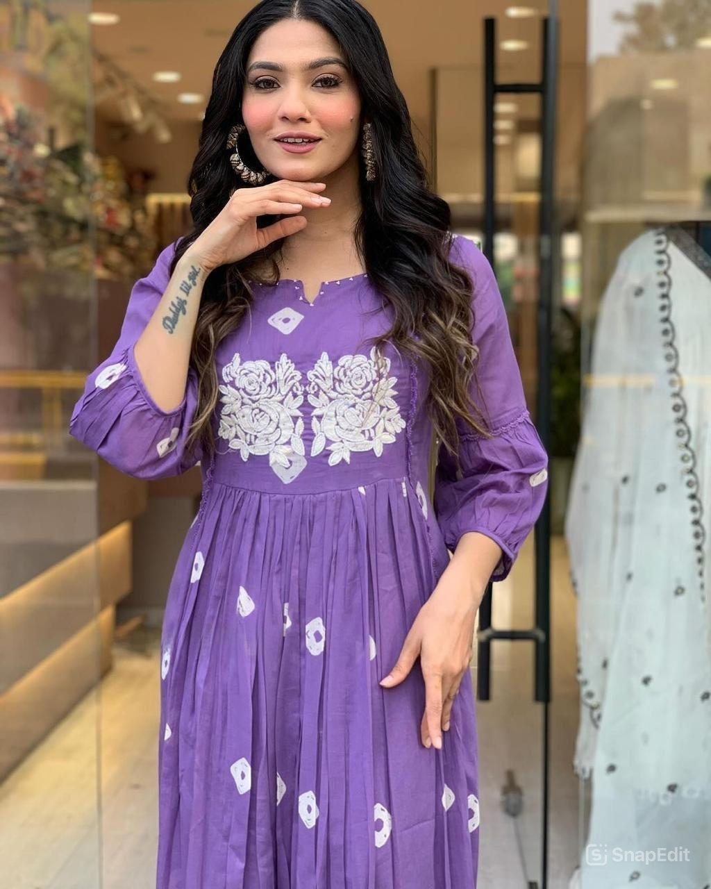 Block Printed Cotton Kurta Set with Embroidery & Pocket