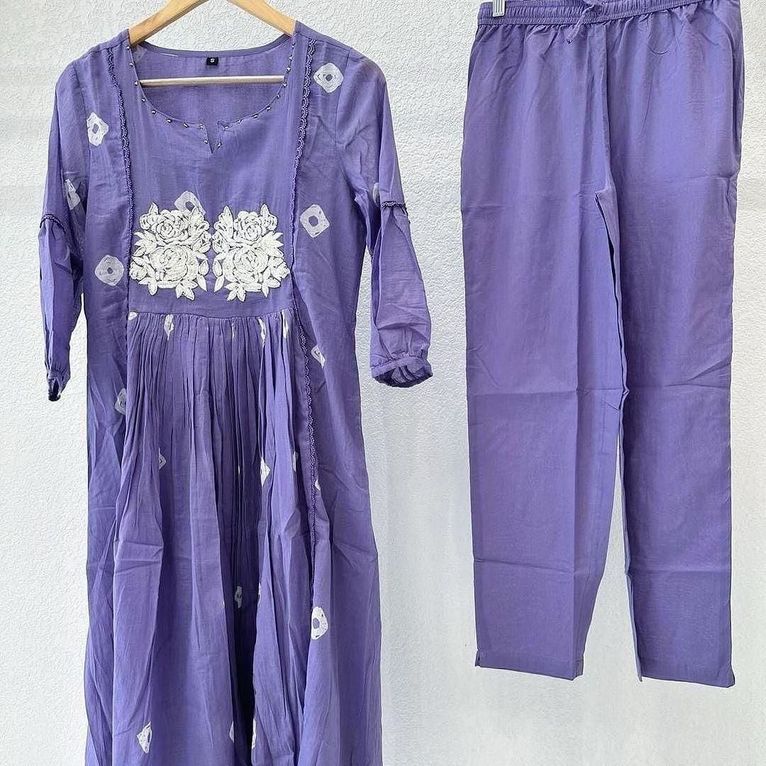 Block Printed Cotton Kurta Set with Embroidery & Pocket