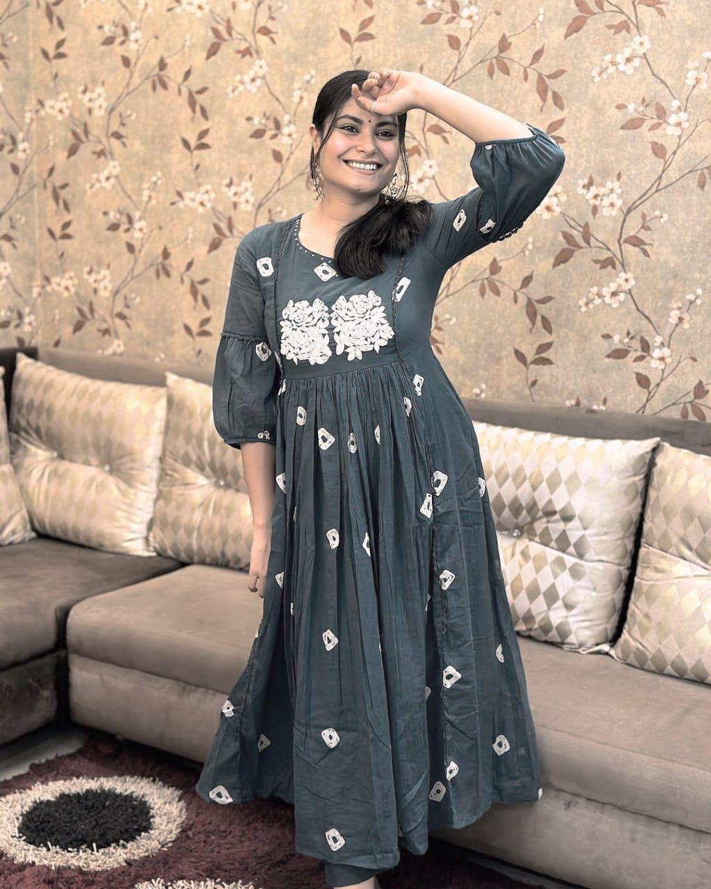 Block Printed Cotton Kurta Set with Embroidery & Pocket