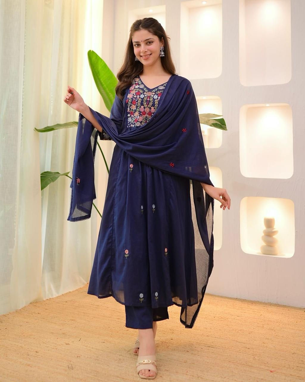 Blue 60×60 Cotton Embroidered Suit Set with Pant & Dupatta