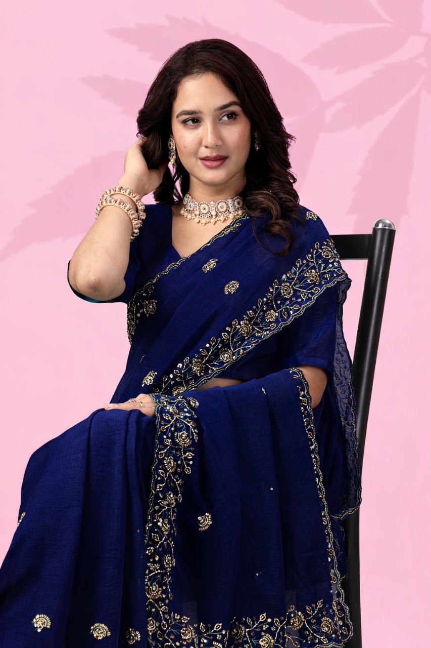 Blue Art Silk Saree with Sequins Work
