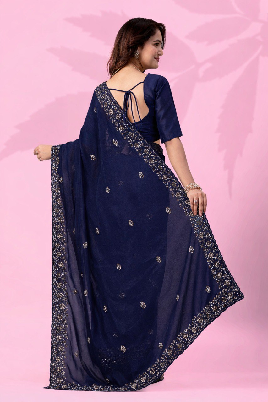 Blue Art Silk Saree with Sequins Work