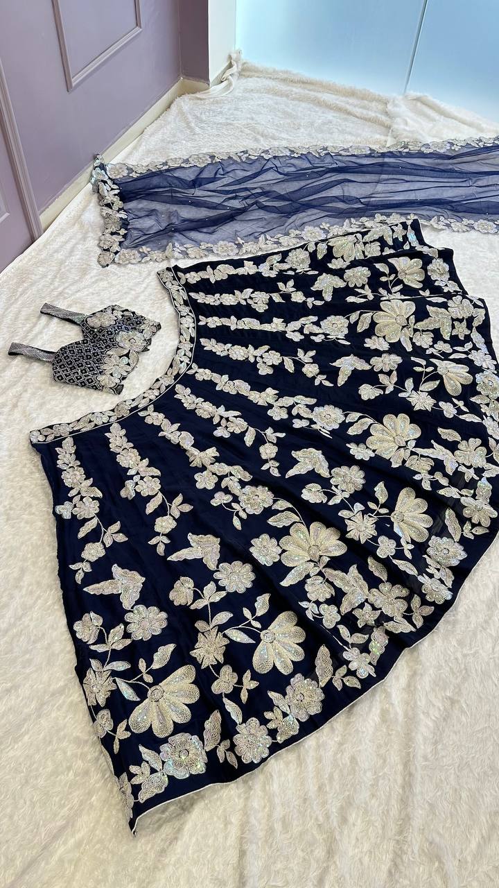 Blue Kasturi Silk Georgette Lehenga Set with Rainbow Sequins & Dori Work