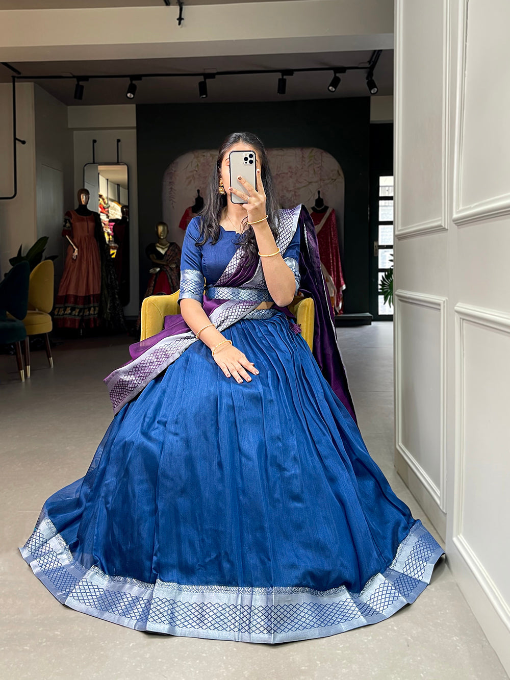Blue Color Plain And Silver Viscose Chanderi Dupion Silk Semi Stich Half Saree Lehenga Choli