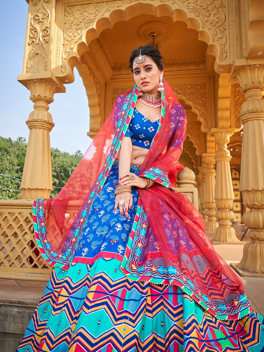 Blue Color Printed & Real Mirror With Gota Pati Work Vaishali Silk Lehenga