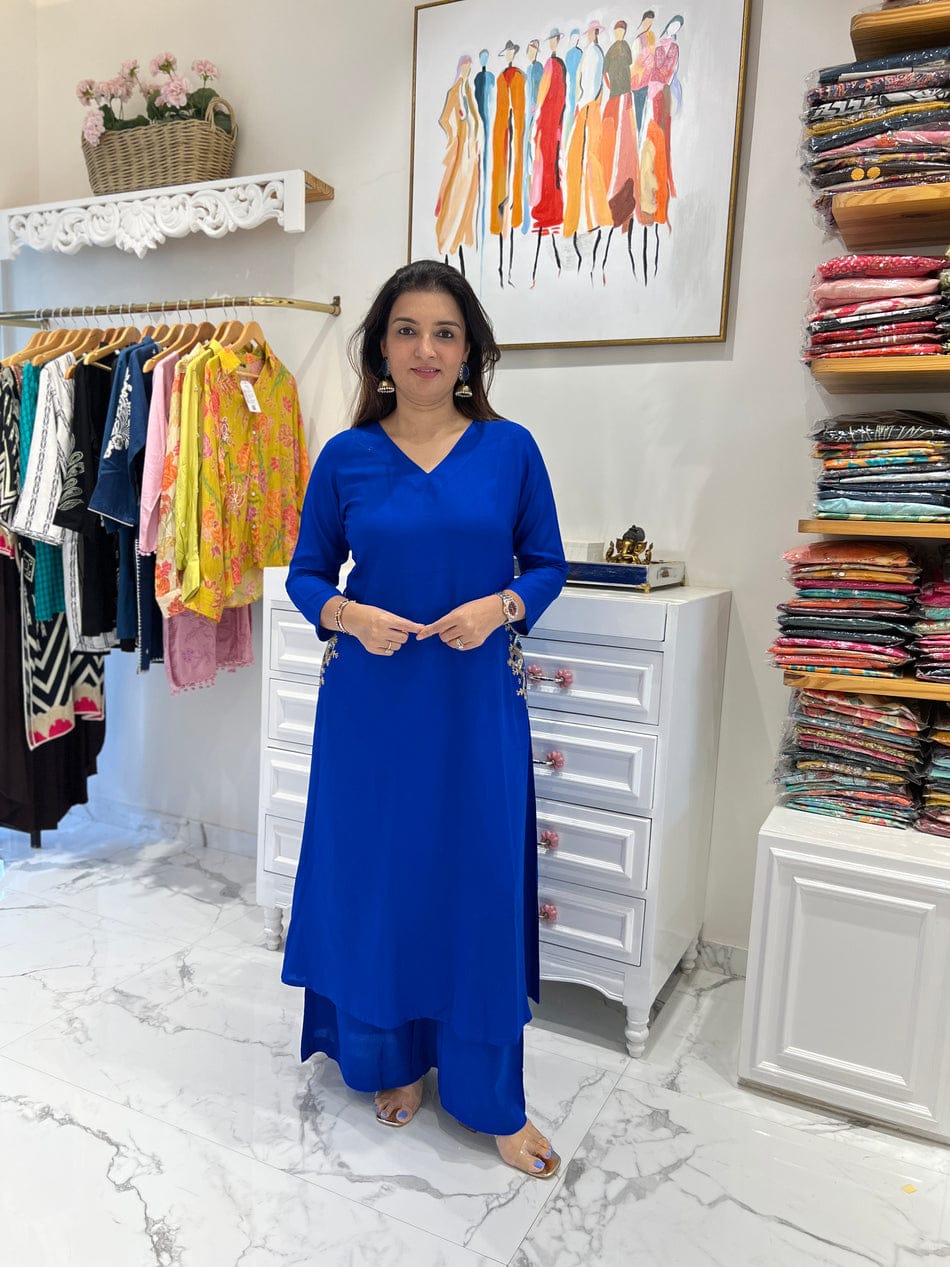 Blue Cotton 60x60 Kurti Palazzo Set with Dual-Side Work on Pocket