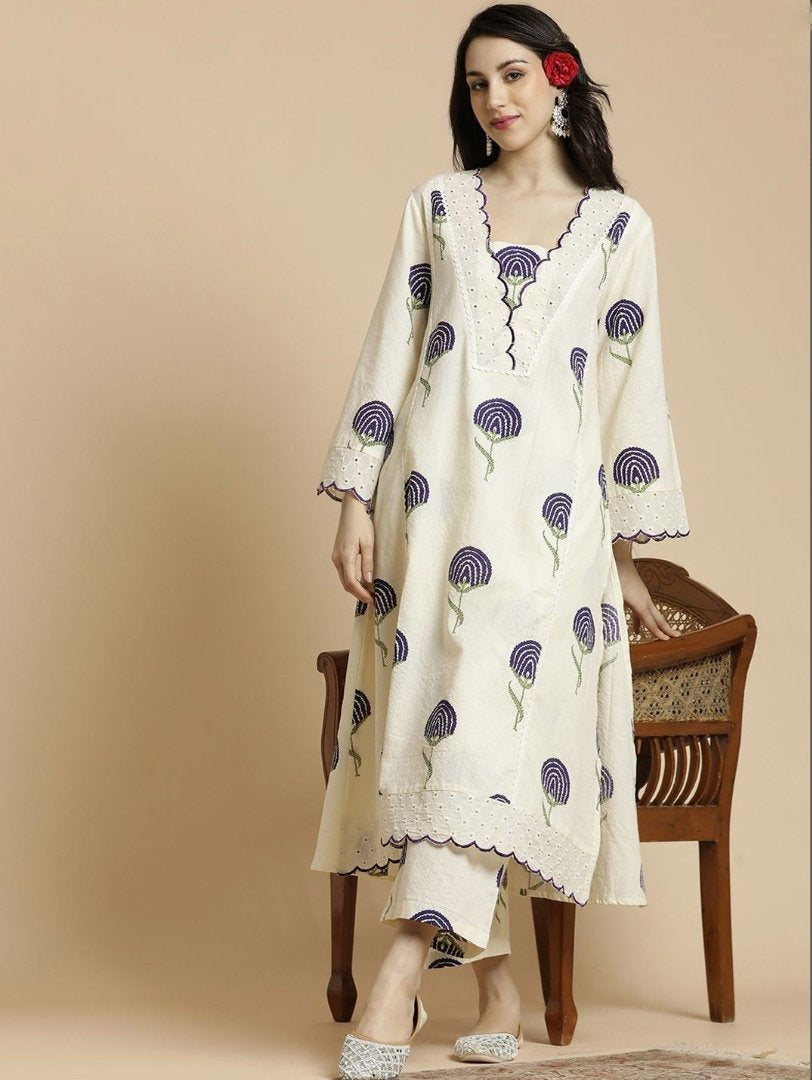 Blue Cotton Kurta Palazzo Set with Floral Print & Bell Sleeves