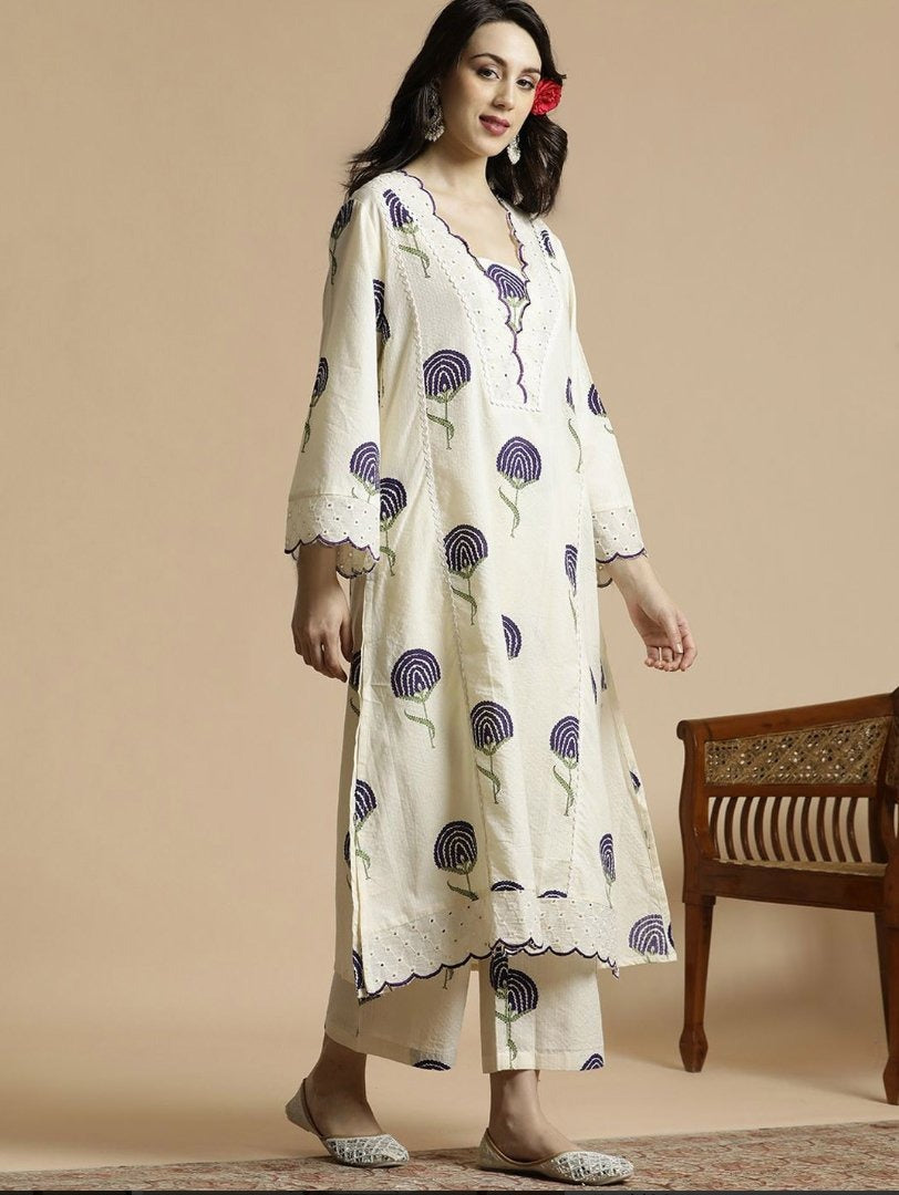 Blue Cotton Kurta Palazzo Set with Floral Print & Bell Sleeves