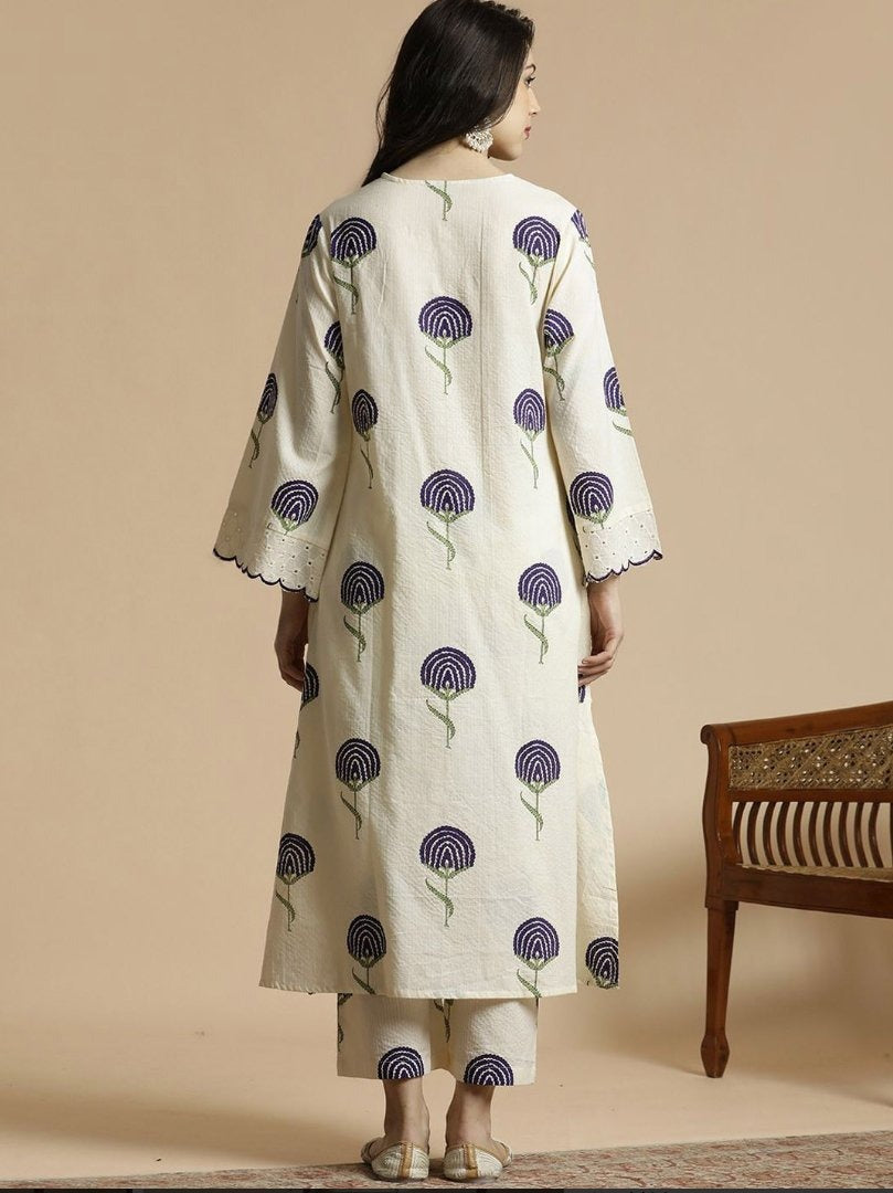 Blue Cotton Kurta Palazzo Set with Floral Print & Bell Sleeves