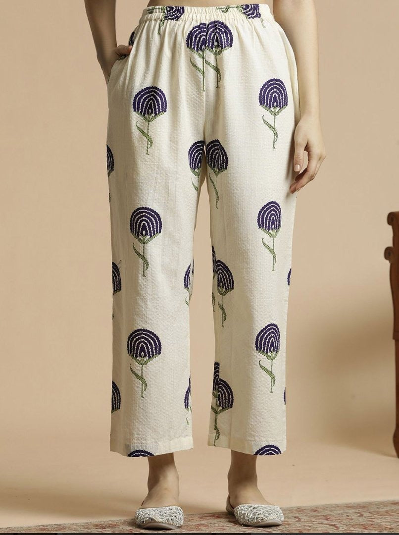 Blue Cotton Kurta Palazzo Set with Floral Print & Bell Sleeves