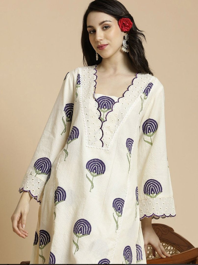 Blue Cotton Kurta Palazzo Set with Floral Print & Bell Sleeves
