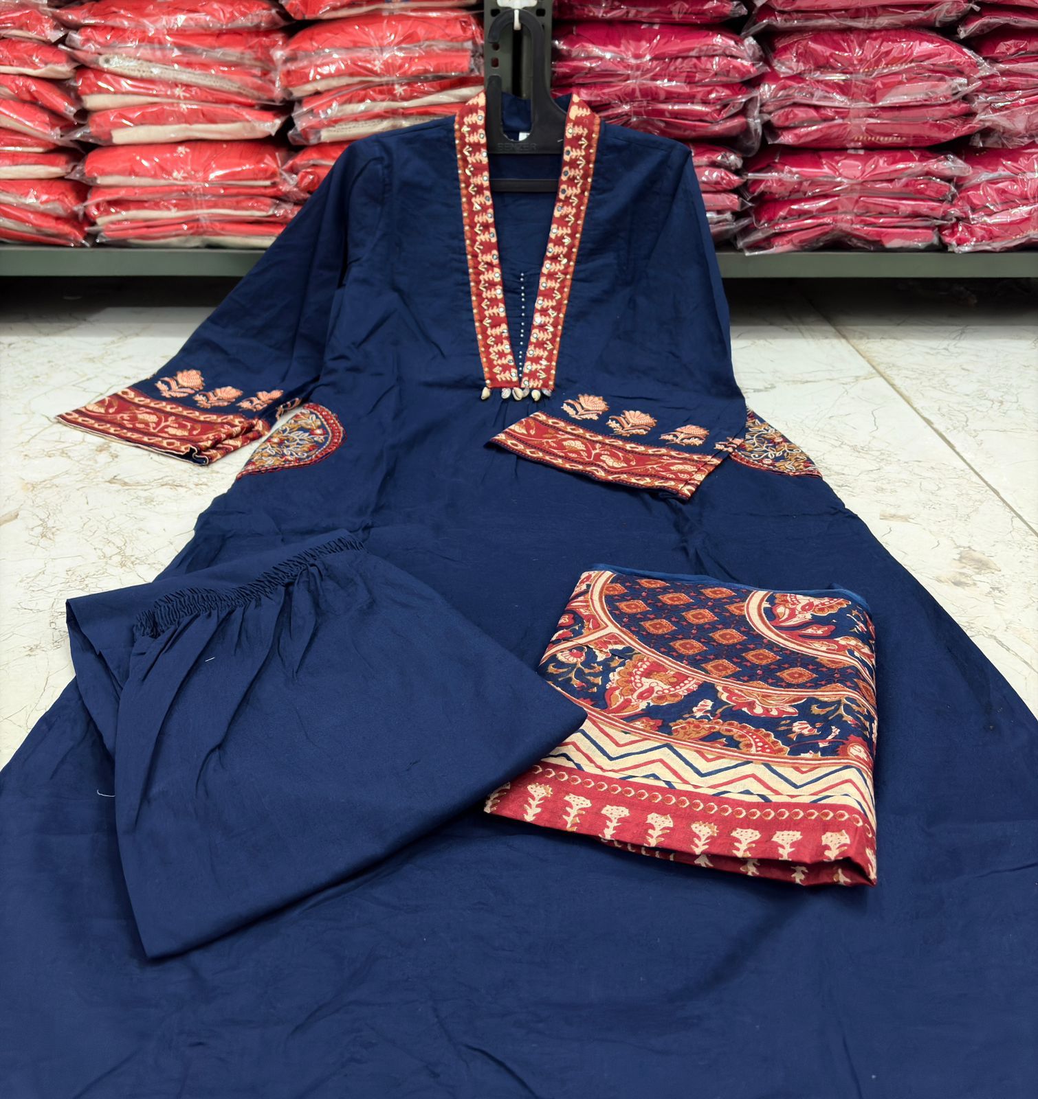 Blue Cotton Kurti Pant Set with Malmal Dupatta & Embroidery