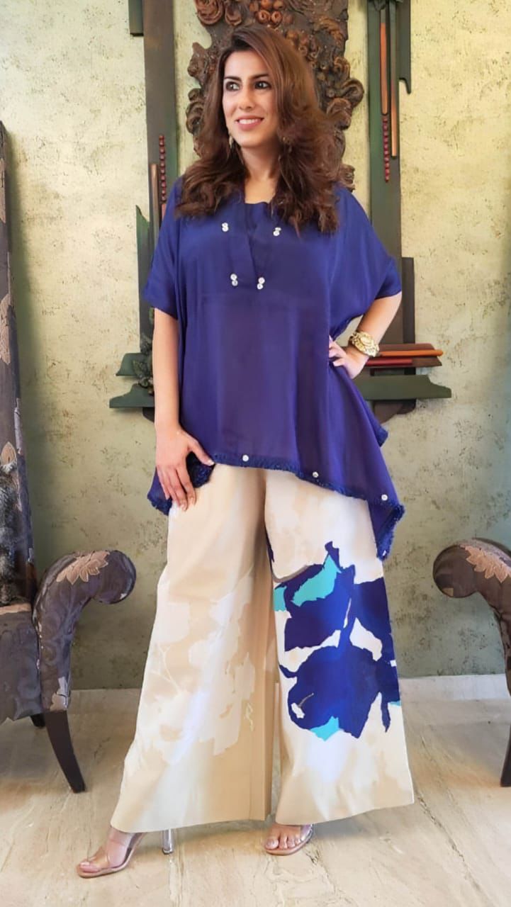 Blue Cotton Lace Work Co-ord Set | Loose Fit Cord Set