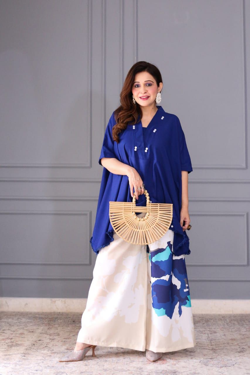 Blue Cotton Lace Work Co-ord Set | Loose Fit Cord Set