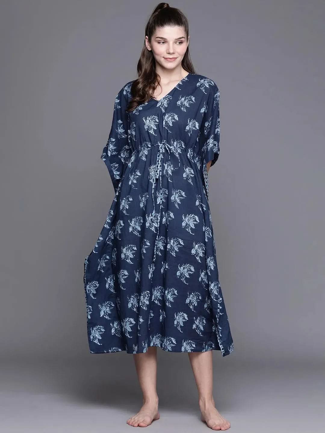Anouk Blue Cotton Printed Kaftan Nightdress