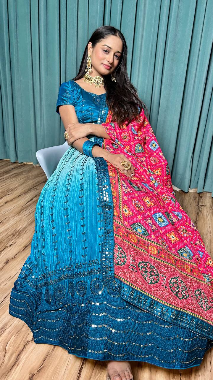 Blue Elegant Chinon Silk Lehenga Set