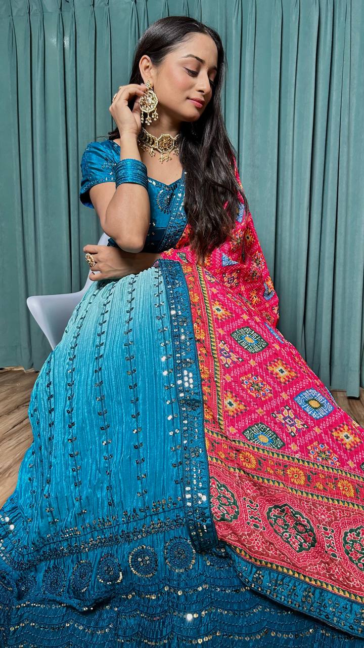 Blue Elegant Chinon Silk Lehenga Set