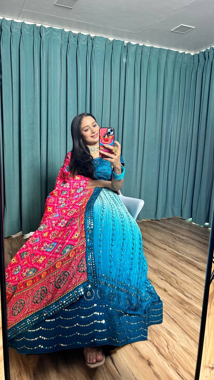 Blue Elegant Chinon Silk Lehenga Set