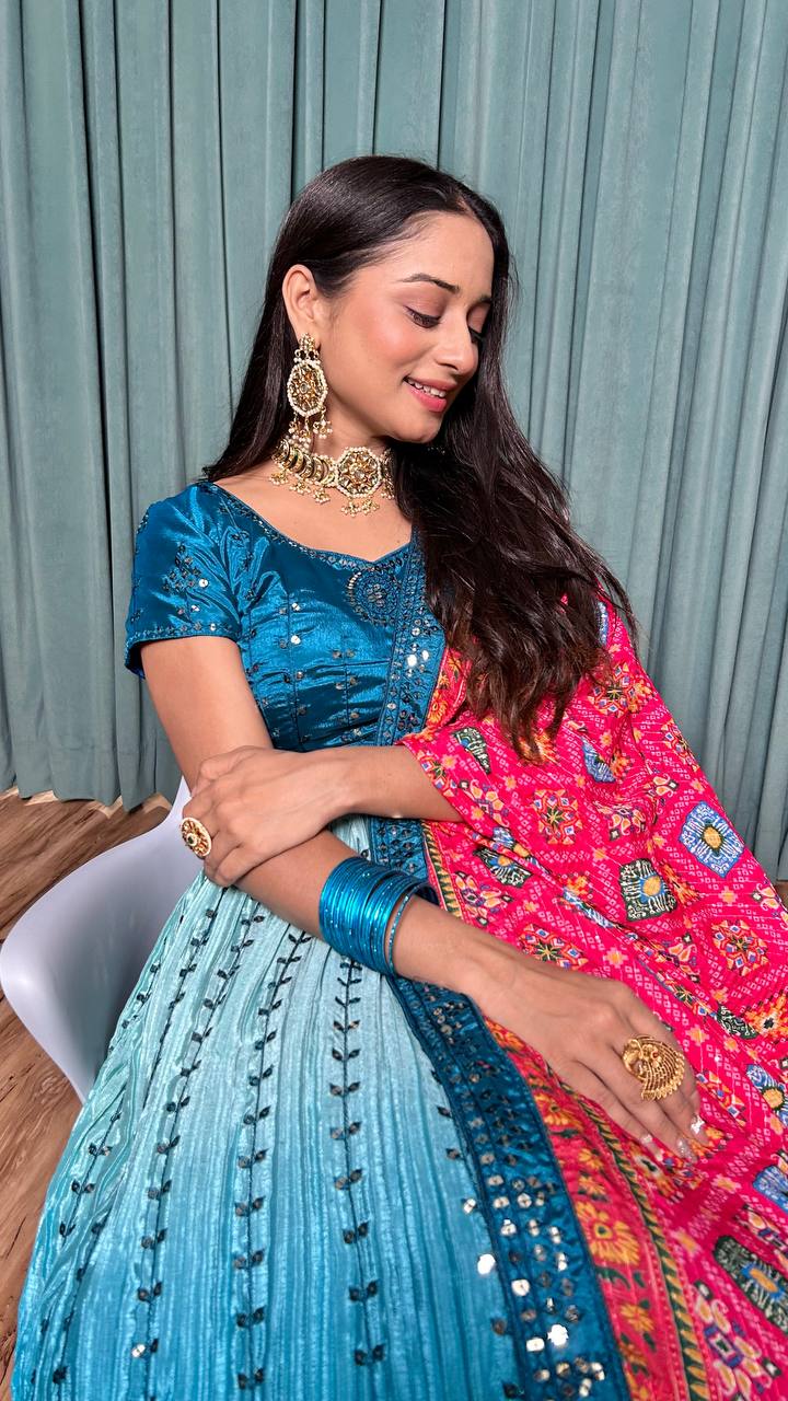 Blue Elegant Chinon Silk Lehenga Set
