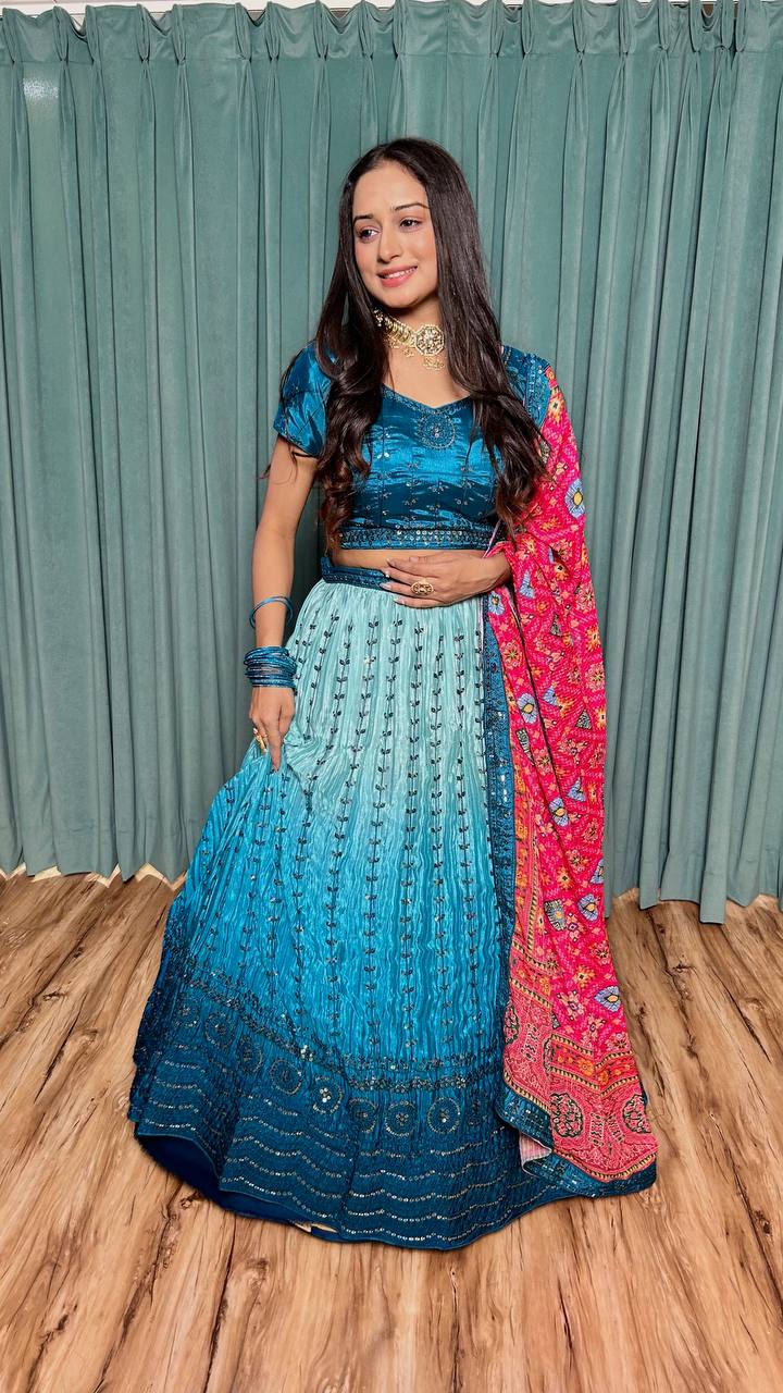 Blue Elegant Chinon Silk Lehenga Set