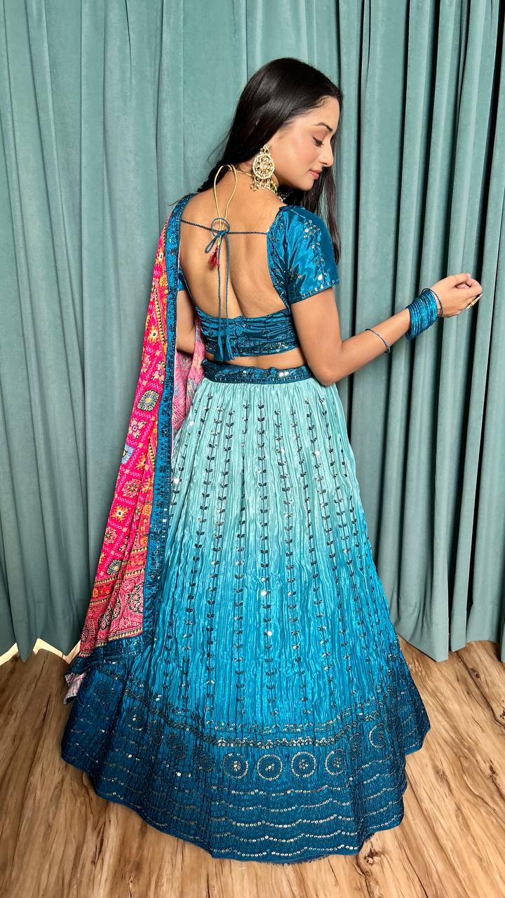 Blue Elegant Chinon Silk Lehenga Set