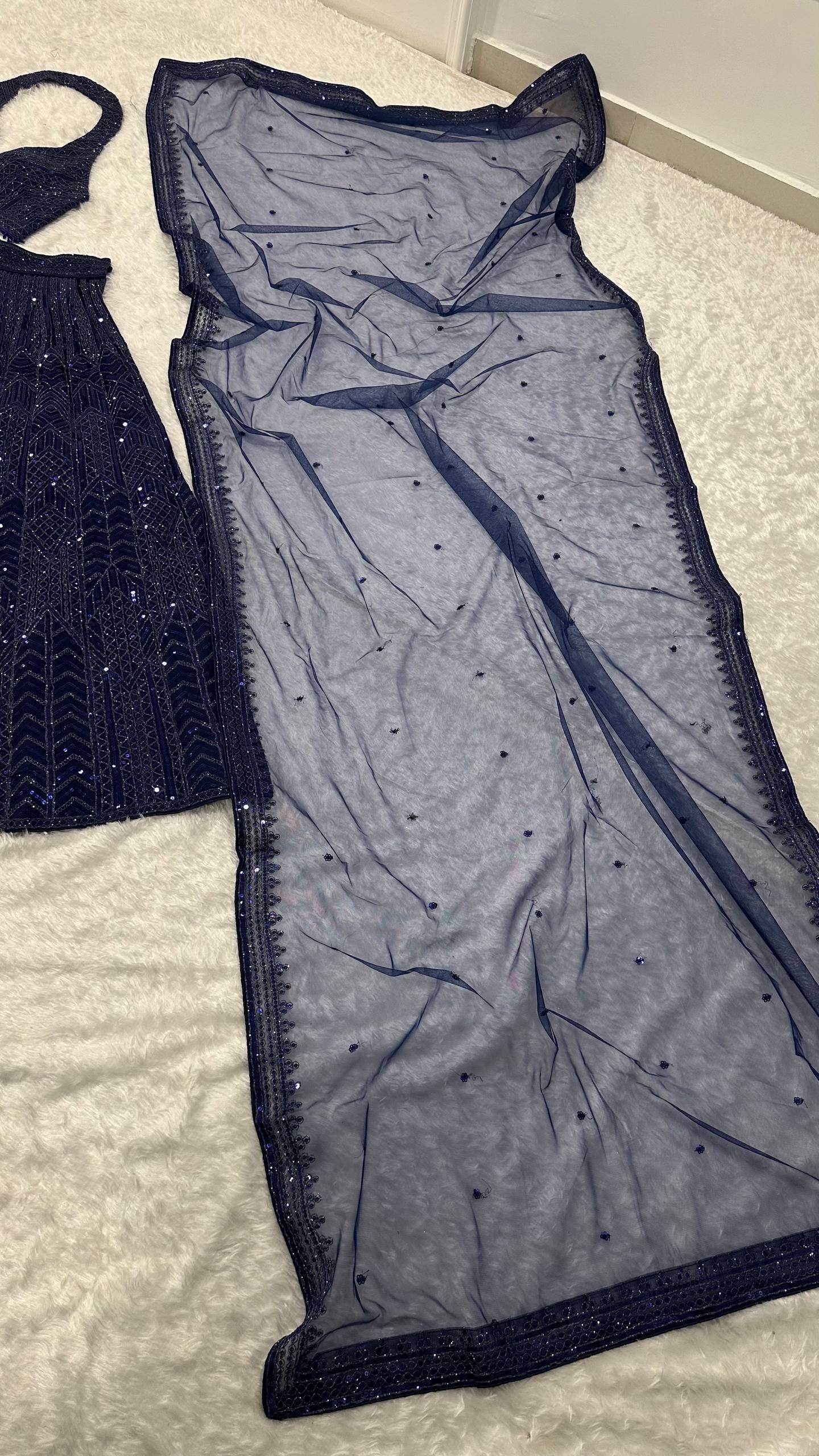 Blue Designer Net Sequins & Dori Work Lehenga Set