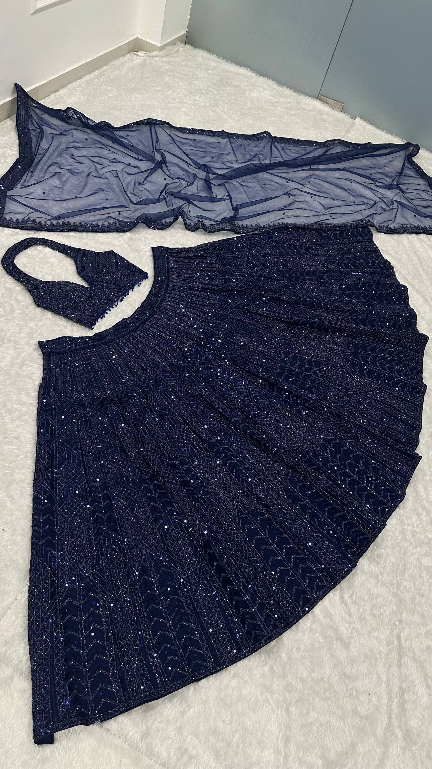 Blue Designer Net Sequins & Dori Work Lehenga Set