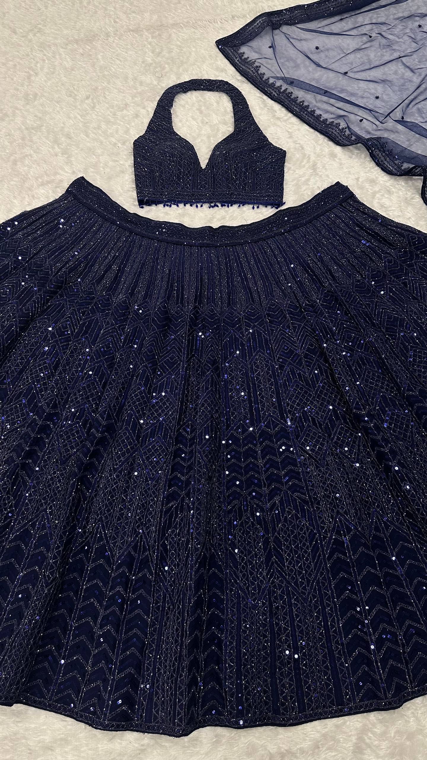 Blue Designer Net Sequins & Dori Work Lehenga Set
