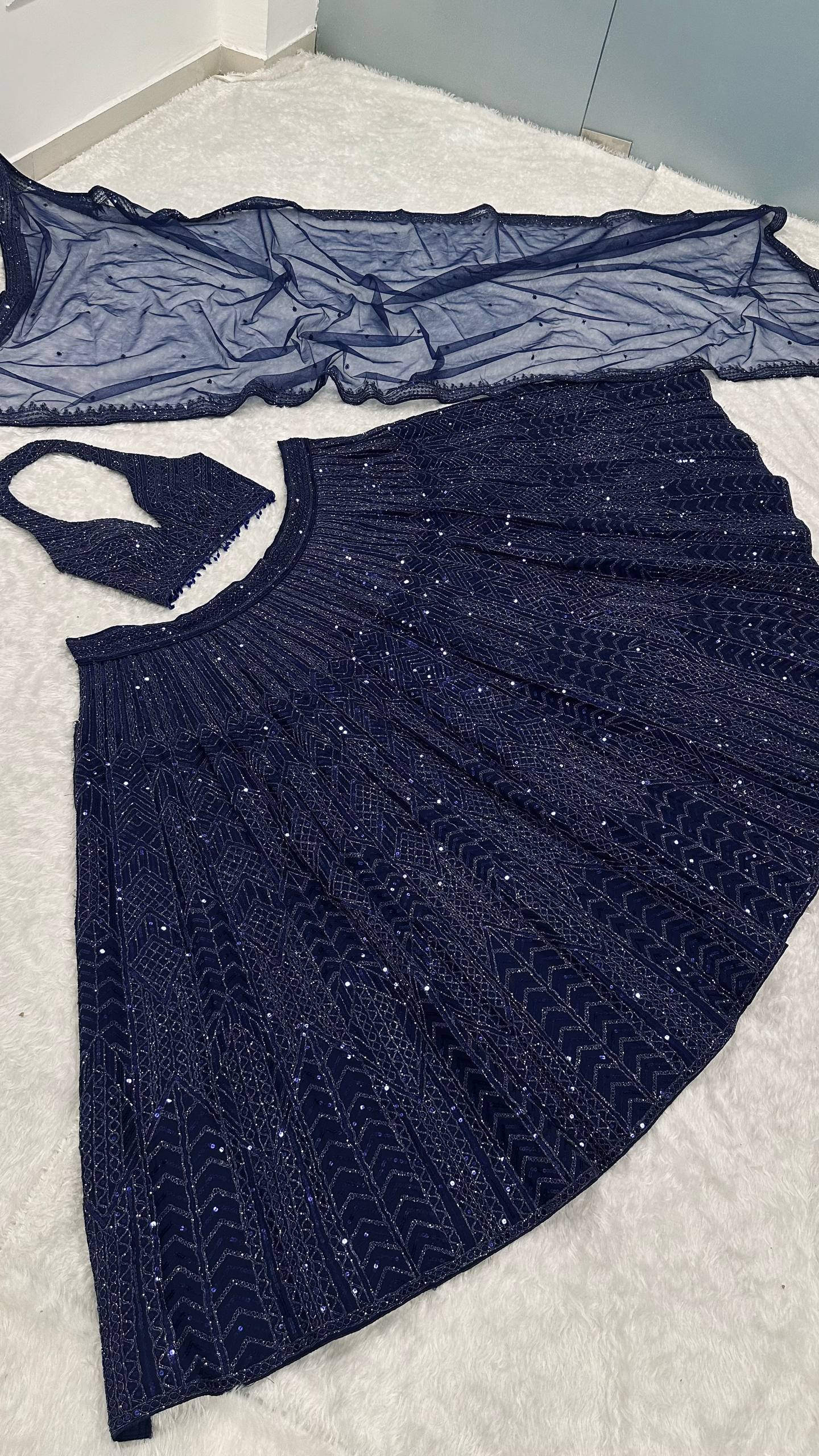 Blue Designer Net Sequins & Dori Work Lehenga Set