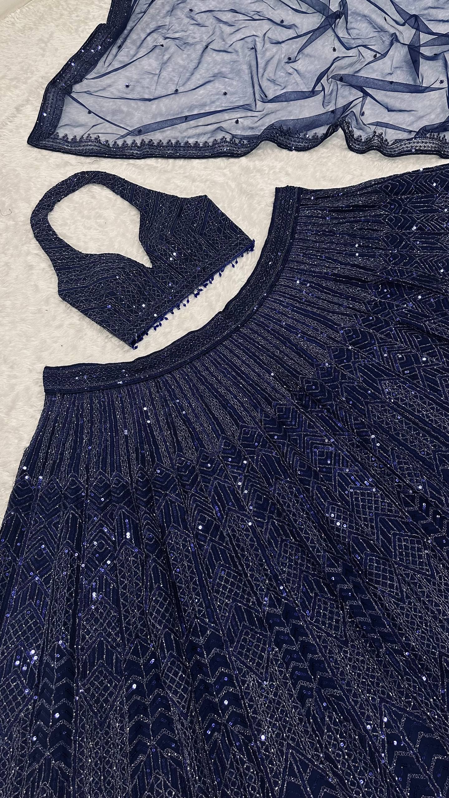Blue Designer Net Sequins & Dori Work Lehenga Set