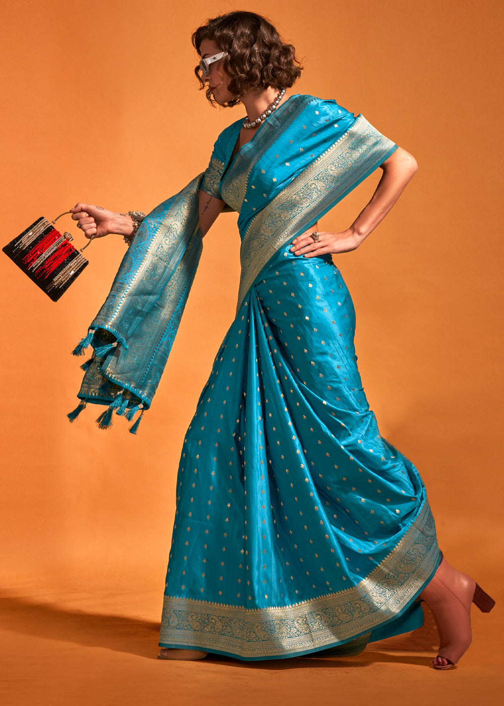 Blue Designer Satin Silk Saree with Blouse Piece