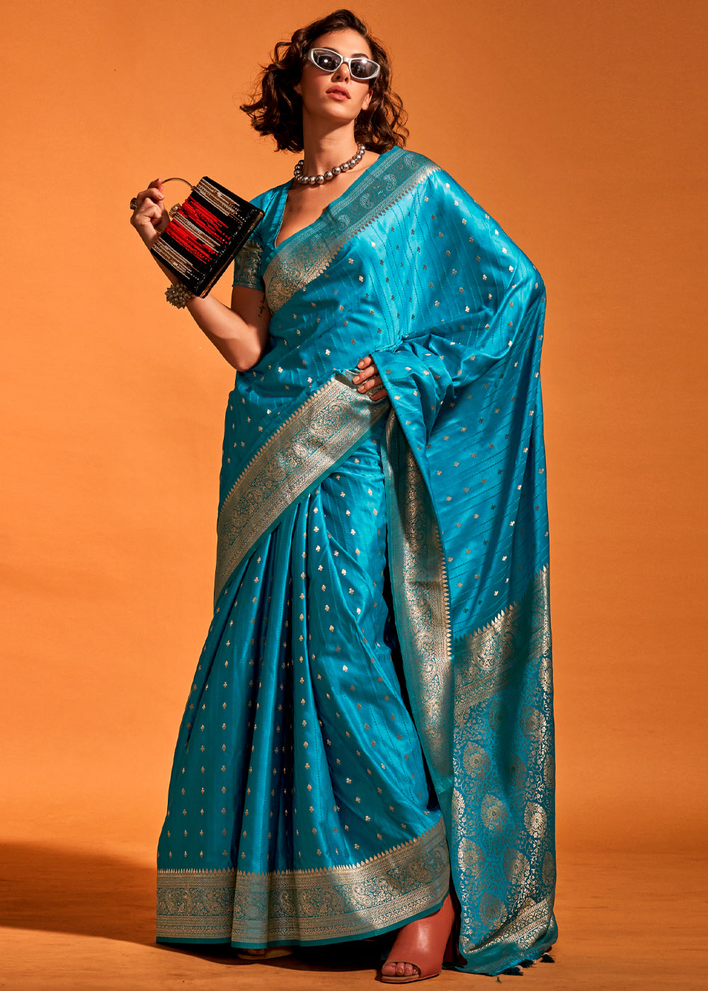 Blue Designer Satin Silk Saree with Blouse Piece