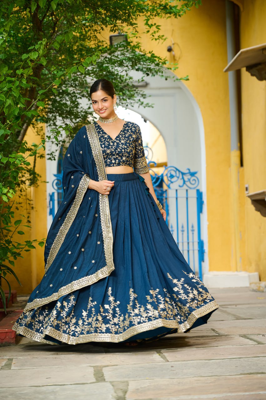 Blue Designer Vichitra Silk Lehenga with Sequins Multi-Embroidery – Full-Stitched Lehenga with Unstitched Blouse & Lace Border Dupatta