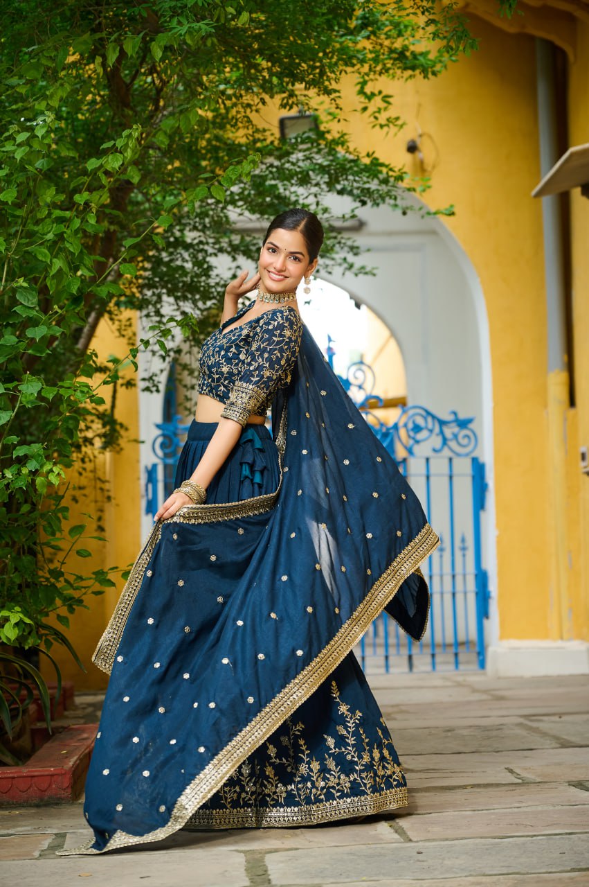Blue Designer Vichitra Silk Lehenga with Sequins Multi-Embroidery – Full-Stitched Lehenga with Unstitched Blouse & Lace Border Dupatta