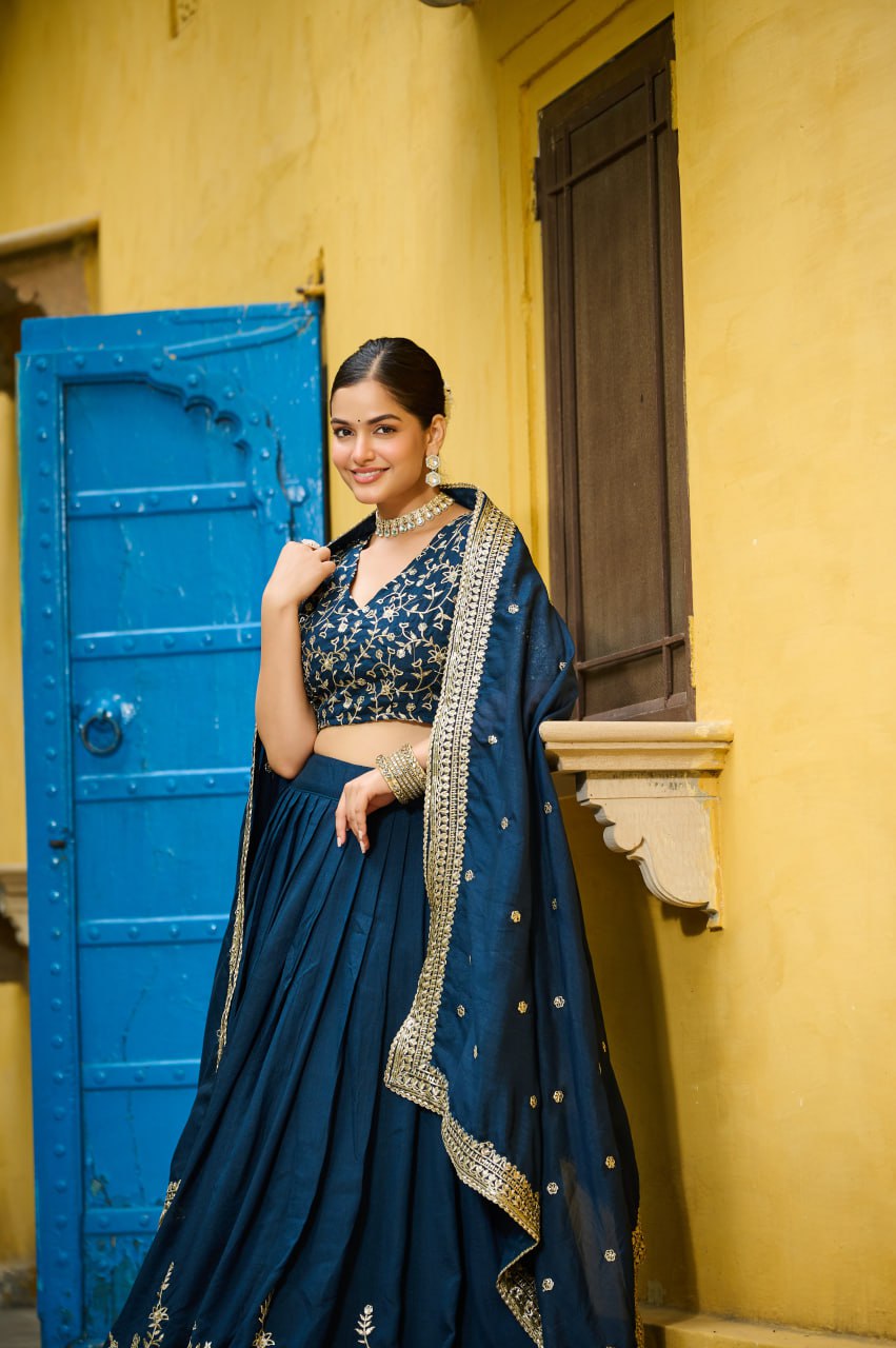Blue Designer Vichitra Silk Lehenga with Sequins Multi-Embroidery – Full-Stitched Lehenga with Unstitched Blouse & Lace Border Dupatta
