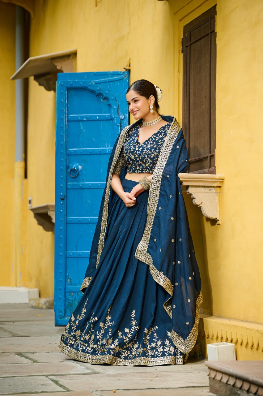 Blue Designer Vichitra Silk Lehenga with Sequins Multi-Embroidery – Full-Stitched Lehenga with Unstitched Blouse & Lace Border Dupatta