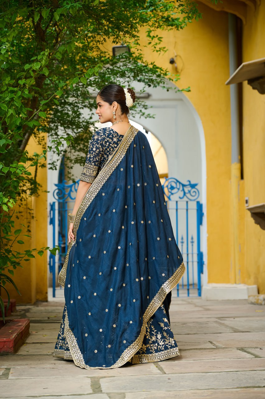 Blue Designer Vichitra Silk Lehenga with Sequins Multi-Embroidery – Full-Stitched Lehenga with Unstitched Blouse & Lace Border Dupatta
